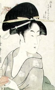Büste einer Frau, die eine Teetasse hält, aus der Serie `Meisho Koshikake Hakkei`