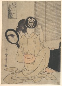 Takashima Ohisa benutzt zwei Spiegel, um ihre Frisur zu betrachten von Kitagawa Utamaro