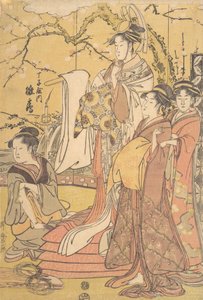 Die Oiran Hinazuru von Chojiya steht auf einem Stapel Futons, ca. 1794