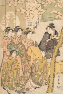 Die Oiran Kasugano von Ogiya auf Parade unter blühenden Kirschbäumen, ca. 1788