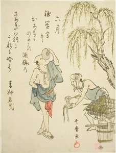 Der sechste Monat (Rokugatsu), aus einer unbetitelten Serie von Genreszenen in den zwölf Monaten, mit Kyoka-Gedichten von Kitagawa Utamaro