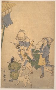 Drei Zecher aus den unteren Schichten mit Komusō-Hüten, einem kleinen Jungen und einem Hund von Kitagawa Utamaro