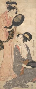 Zwei Damen, jede mit einem Teil eines lackierten Spiegels von Kitagawa Utamaro