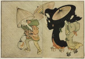 Zwei Frauen und Begleiter im Sturm, aus dem illustrierten Buch "Bilderbuch: Blumen der vier Jahreszeiten (Ehon shiki no hana)," Bd. 2 von Kitagawa Utamaro