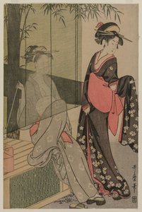 Zwei Frauen bei einem Bambusrollo von Kitagawa Utamaro