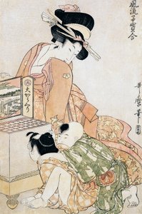 Zwei Kinder schauen in eine große optische Box von Kitagawa Utamaro