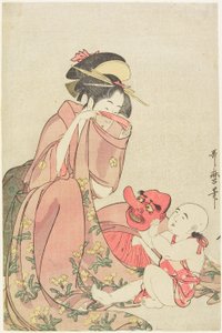 Frau spielt mit einem Kind mit einer Tengu-Maske von Kitagawa Utamaro