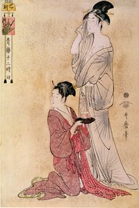 Frau bei ihrer Toilette, unterstützt von ihrer Zofe. Japanischer Druck von Utamaro Kitagawa (1753-1806). 18. Jahrhundert. Paris, Musée Guimet, Museum für Asiatische Kunst von Kitagawa Utamaro