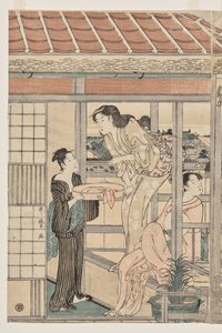 Frauen, die Wäsche auf einem Balkon zum Trocknen aufhängen von Kitagawa Utamaro