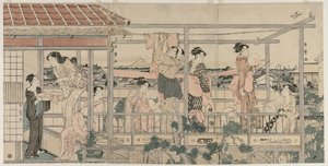 Frauen hängen Wäsche zum Trocknen auf einem Balkon auf, frühe 1790er Jahre