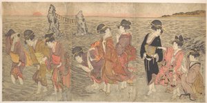 Frauen verehren die aufgehende Sonne zwischen den Zwillingsfelsen von Ise von Kitagawa Utamaro