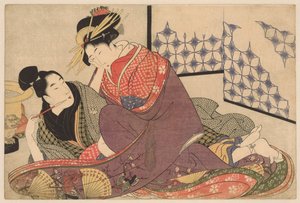 Junger Mann raucht mit einer Kurtisane von Kitagawa Utamaro
