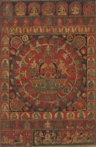 Mandala des Sonnengottes Surya umgeben von acht planetarischen Gottheiten, datiert, vermutlich 1379