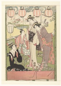 Drei Frauen und ein Junge unter Laternen von Kitao Masanobu (attributed to)