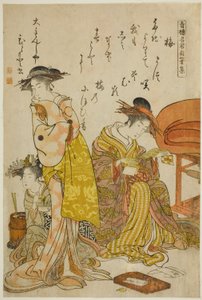 Die Kurtisane Hitomoto von Daimonjiya, aus dem Album "Vergleich neuer Schönheiten von Yoshiwara - Ein Spiegel ihrer eigenen Schriften (Keisei shin bijin awase jikihitsu kagami)"