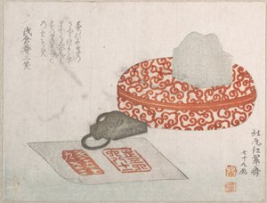 Robben und ein geschnitzter Lackbehälter für Siegeltinte von Kitao Shigemasa