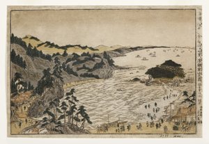 Ansicht des Goldenen Schildkrötenhügels in Enoshima und des Shichiri-Strandes von den Kamakura-Bergen, 1783-90 von Kitao Shigemasa