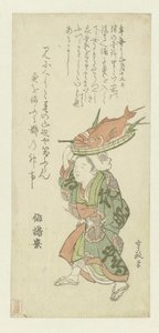 Frau trägt ein Tablett mit Fischen auf dem Kopf von Kitao Shigemasa