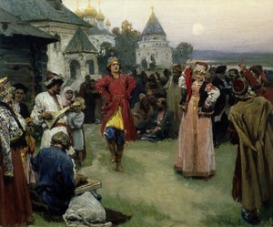 Tanz (ein junges Brautpaar in traditioneller Tracht tanzt unter den Dorfbewohnern bei Einbruch der Nacht)