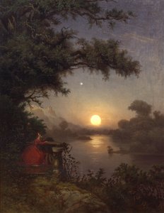 Frau auf der Terrasse, die den Mond betrachtet