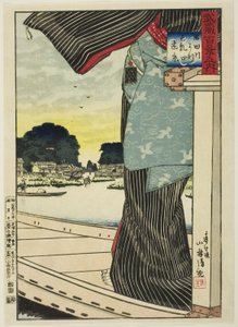 Fernblick auf den Matsuchi-Hügel vom Sumida-Fluss (Sumidagawa yori Matsuchiyama enkei), aus der Serie "Hundert Ansichten der Provinz Musashi (Musashi hyakkei no uchi)" von Kobayashi Kiyochika