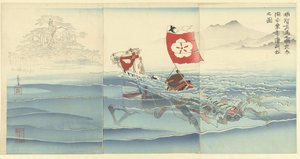 Ansicht der Karasaki-Kiefer, während Akechi Samanosuke Mitsuharu den See überquert von Kobayashi Kiyochika