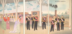 Illustration der Ankunft des Kaisers am Bahnhof Shinbashi nach einem Sieg Gaise..., 1895