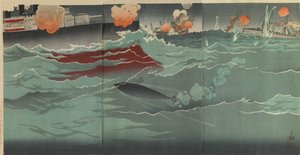 Unser Torpedo trifft ein russisches Kriegsschiff in der großen Seeschlacht von Port Arthur