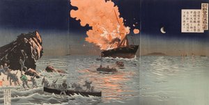 Rettung von einem brennenden Kriegsschiff. Eine Szene aus dem Krieg zwischen China und Japan von Kobayashi Kiyochika