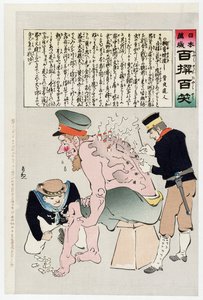 Russischer Soldat wird von japanischem Militärpersonal versorgt, veröffentlicht 1905