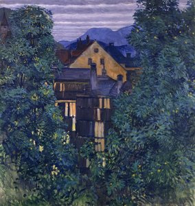 Durchblick durch Payerbach, im Hintergrund die Rax, ca. 1912-1913 von Koloman Moser