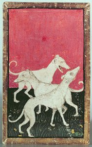 Drei Jagdhunde, eine von einem Kartenspiel darstellende Szenen des höfischen Falknens, Oberrhein-Gebiet, um 1440-45 von Konrad Witz