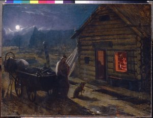 Vor einer Taverne (Nacht Szene, eine Frau mit ihrem Baby und einem Hund warten neben einem Pferdewagen vor der offenen Tür eines Holzgebäudes, in dem sich betrunkene Männer versammeln)