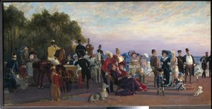 Auf der Spitze der Wassiljewski-Insel, Strelka. Versammlung von Aristokraten an einem Sommerabend.