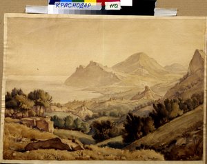 Berglandschaft und Ruinen einer Stadt