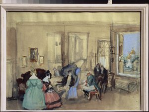 Eine Szene aus dem Theaterstück "Der Revisor" von Nikolai Gogol von Konstantin Ivanovich Rudakov