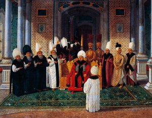 Selim III. (1761-1808) empfängt Würdenträger unter dem Baldachin des Tores des Glücks im Topkapi, Detail aus der Zeremonie zur Thronbesteigung von Sultan Suleyman III., ca. 1789 (Öl auf Leinwand)