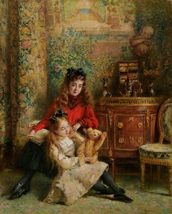 Porträt der Töchter des Künstlers Olga und Marina mit Teddybär