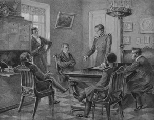 Pavel Pestel Rede bei der Versammlung der Nordgesellschaft der Dekabristen in Petersburg, 1936