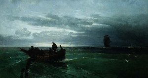 Figuren in einem Ruderboot vor der Küste