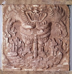 Koreanische Kunst: Graue Terrakottaziegel, die ein Monster darstellen. Königreich Paekche (oder Paikchei oder Baekje), Korea. 7. Jahrhundert. Nationalmuseum von Korea von Korean School