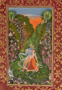 Radha und Krishna spazieren in einem blühenden Hain recto, Krishna flötend verso