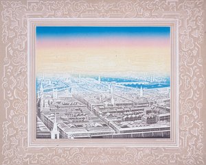 Luftaufnahme von London in einem dekorativen Rahmen, ca. 1845