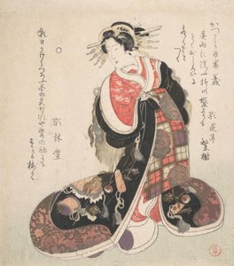 Kurtisane in einem aufwendig bestickten Kleid mit Glückssymbolen von Kubo Shunman