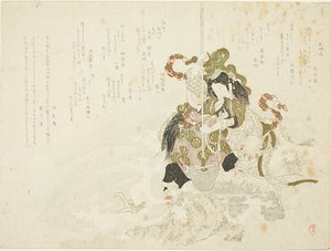 Otchime, die Tochter des Meeresgottes, mit einem Drachen auf einem Felsen von Kubo Shunman