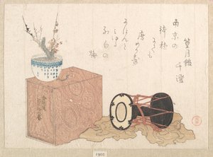 Stillleben: eine Trommel und ein Bücherregal für den Nō-Tanz von Kubo Shunman