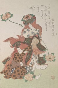 Zwei Tänzer führen einen Shakkyomono-Kabuki-Tanz auf, ca. 1805-10