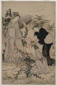 Frauen schneiden Zweige von Buschkleeblättern; Der Noji Tama Fluss in der Provinz Omi, aus einer unbetitelten Serie der sechs Tama Flüsse von Kubo Shunman