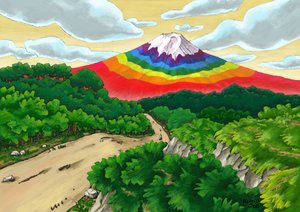 Eine Straße und regenbogenfarbener Berg Fuji