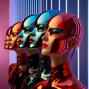 6 Frauen mit 3D parametrischen fluoreszierenden Plastikmasken in einer surrealen und parametrischen Zukunftsarchitektur